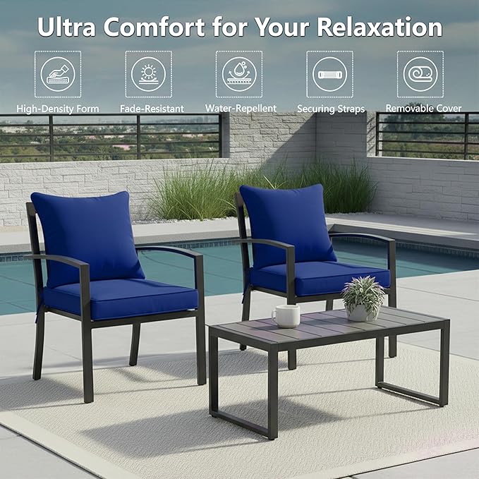 22x22 Inch Patio Chair Cushion with Removable Cover, Outdoor Furniture Cushion - Water-Repellent, Fade-Resistant, Non-Slip Bottom & Straps, Replacement for Lawn, Porch & Deck Chair - Navy