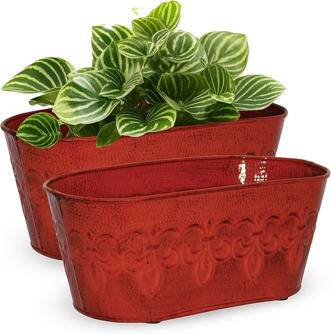 Headwind Ironlite Fleur De Lis Collection – 10" Cayenne Red Oval Decorative Planter with Drain Plug – Lightweight Metal Garden Pots for Indoor & Outdoor Planters Use by Robert Allen