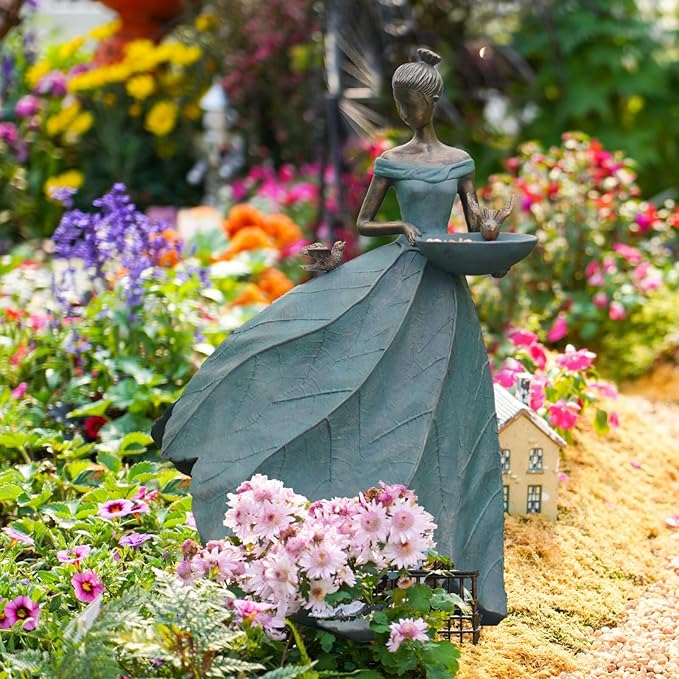 DiliComing Large Garden Fairy Statue Bird Feeder & Bird Bath - 23-Inch Resin Outdoor Yard Decor Angel Statue, Decorative Girl Sculpture for Garden, Lawn, Patio