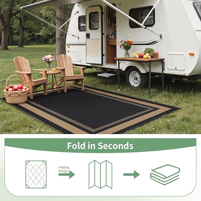 GENIMO 6' x 9' Outdoor Rug Waterproof for Patio Decor, Reversible Plastic Straw Area Rugs Mat for Camper, Outside Carpet for Rv, Deck, Porch, Picnic, Balcony, Mix-Black & Brown