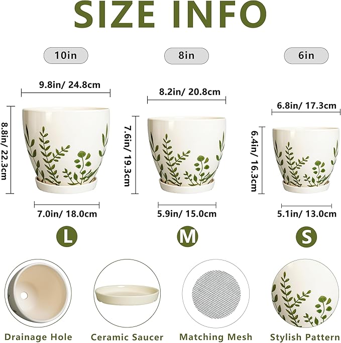 Ceramic Pots for Plants - 10+8+6 Inch Planters for Indoor Outdoor Flowers, Boho Round Decorative Flower Pots with Drainage Holes and Saucers, Home Decor, Gifts for Plant Lovers, Set of 3, White