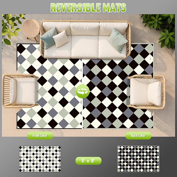 WILDROOTS 5x8 Feet Bega Blocks Plastic Outdoor Rug, Stain Resistant Waterproof Reversible Outdoor Patio Rug, Fade Resistant Camping Rug