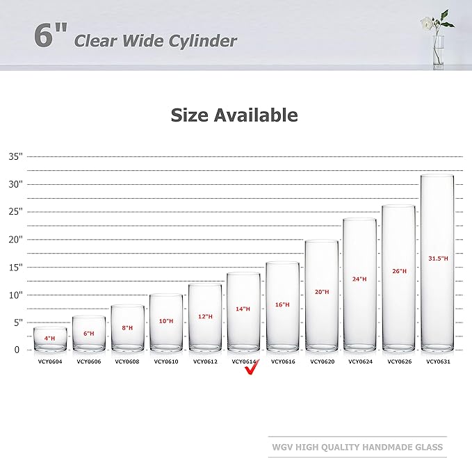 WGV Cylinder Vase, Width 6", Height 14", Clear Glass Container Terrarium Candle Holder for Wedding Centerpiece, Party Event, Home Office Decor, 1 Piece