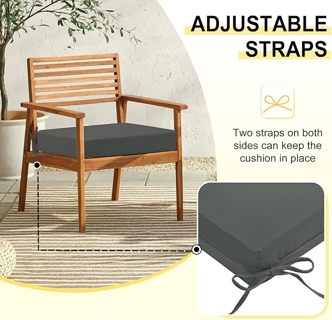 downluxe Outdoor Chair Cushions Set of 4 for Patio Furniture, Water-Resistant Square Corner Patio Chair Cushions with Ties, High Density Foam Outdoor Seat Cushion, 18.5" X 16" X 3", Dark Grey