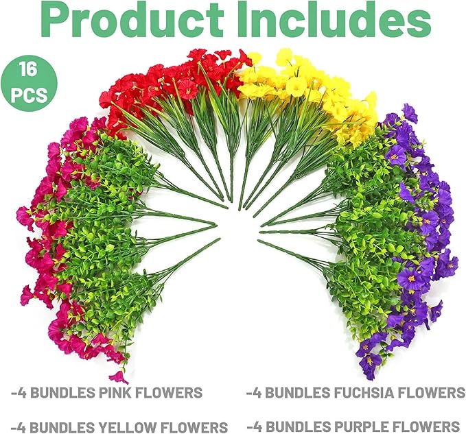 16PCS Artificial Fake Outdoor Flowers Plants, Faux Silk Realistic Morning Glory Floral Arrangement Planter UV Resistant for Porch Patio Window Box Balcony Garden Decor (Eucalyptus Grass 4 Colors)