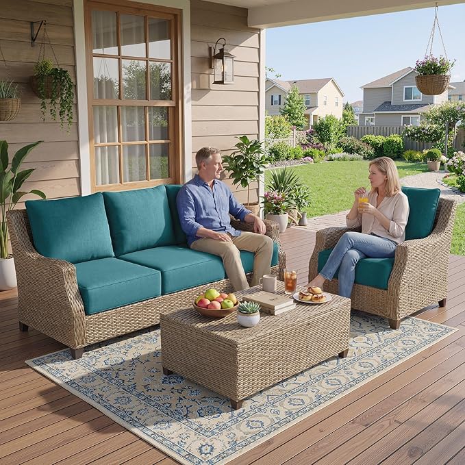 Belord Luxury 6" Thick Outdoor Cushion 9 Set - 24 x24 28D Sponge Filling Fade-Resistant Chair Cushion, Spill Proof Removable Patio Furniture Replacement Cushion for Sofa Bench Swing - Peacock Blue