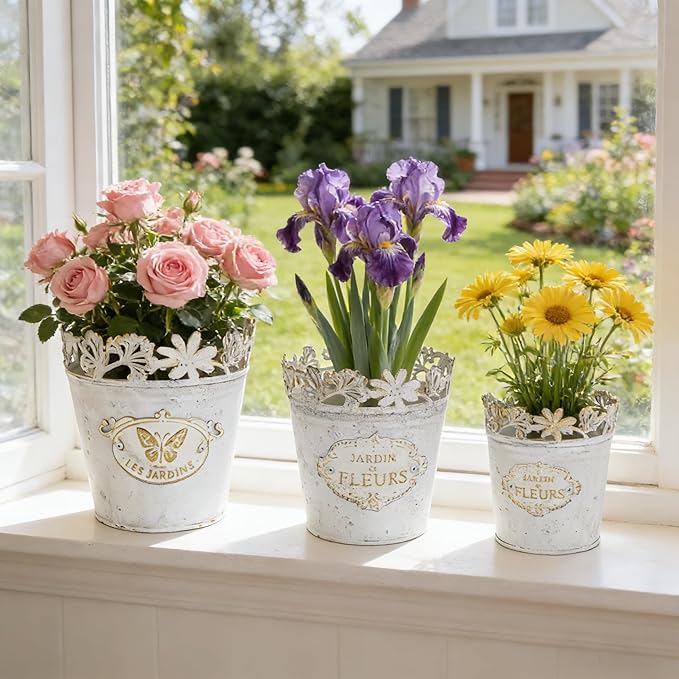Set of 3 Vintage French Country Planters, Distressed White Metal Flower Pots with Lace Cutout Rim, Le Jardin Embossed Plant Pots for Succulents, Herbs, Indoor Outdoor Home Garden Decor