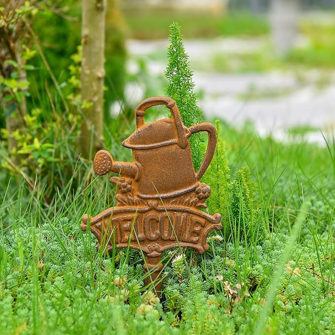 Sungmor Vintage Cast Iron Decorative Garden Stake, Rustic Welcome Yard Art Sign with Stake, 12.6" Tall Metal Watering Can Stake with Welcome Sign, Lawn Patio Backyard Outdoor Spring Decor