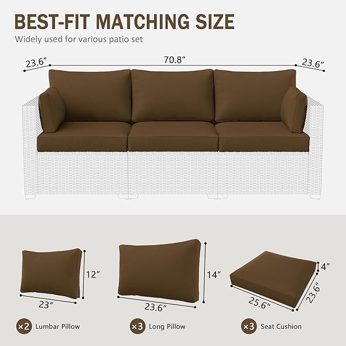 Outdoor Furniture Replacement Cushions, Waterproof Patio Furniture Cushions, 4" Deep Seat Outdoor Sectional Cushion for 3-Seat Outdoors Rattan Sofa Patio Sofa Cushion, Chocolate