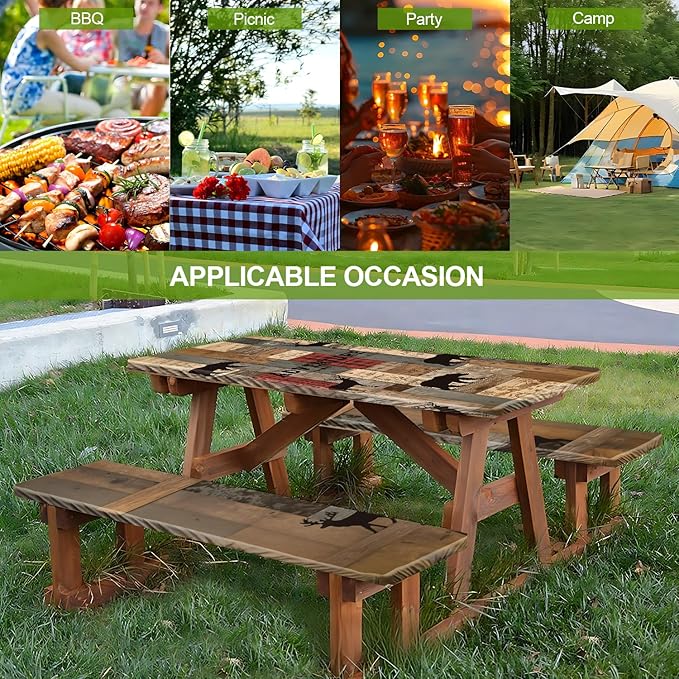 Picnic Table Cover with Bench Covers Set of 3 - Adventure Theme Rustic Bear Deer Wildlife Pattern, Elastic Fitted Tablecloth for 6 Ft Tables, Washable Polyester Cover for Camping, Indoor & Outdoor