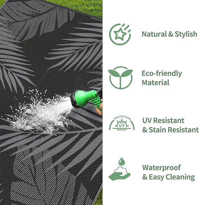 GENIMO Outdoor Rug 10' x 14' Waterproof for Patios Clearance, Reversible Outdoor Plastic Straw Camping Rug Carpet, Large Area Rugs Mats for RV, Camper, Deck, Balcony, Porch, Beach, Picnic, Black&Grey
