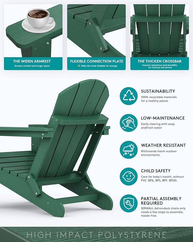 SERWALL Foldable Adirondack Chair Set of 2 for Patio Garden All Weather Adirondack Chairs with Cup Holder Outdoors Fire Pit Chairs-Green
