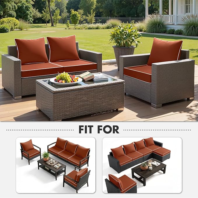 MIULEE Burnt Orange Outdoor Seat Cushion 24x24 Inch Waterproof & 3 Year Fade Resistant Deep Seat and Back Cushion for Patio Furniture Chair Sofa Couch with Handle and Adjustable Straps