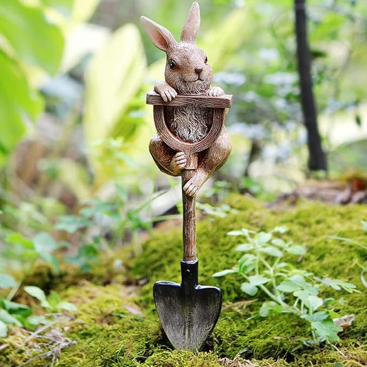 Bunny Statue Whimsical Garden Decor for Outside, Resin Bunny Rabbit Figurine on Shovel, Outdoor Lawn Decoration Garden Bunnies Figurine for Patio Yard Front Porch, Easter Decor