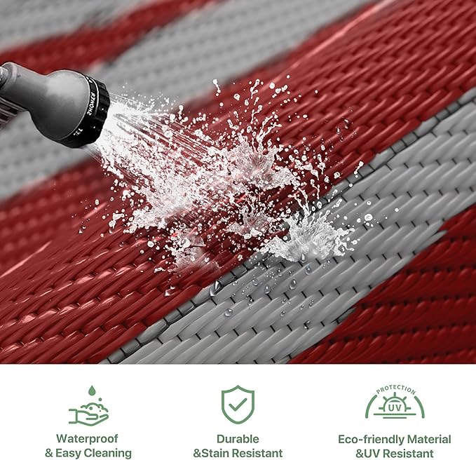 GENIMO Outdoor Rug Waterproof 6'x9' for Patio, Foldable Reversible Plastic Straw Carpet for Travel Trailers, Outside Area Mat for Rv, Deck, Picnic, Porch, Balcony, Beach, Red & Grey