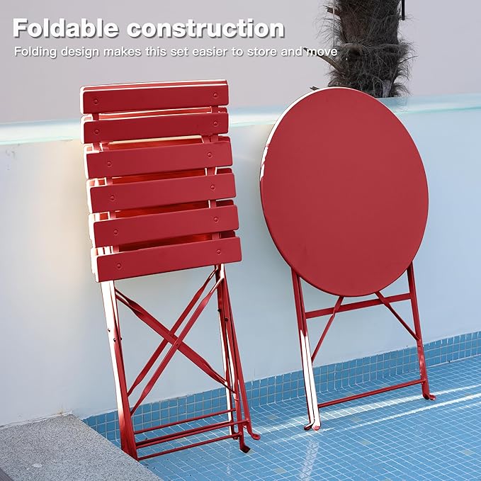 3 Piece Bistro Set, Folding Patio Furniture Set, Outdoor Table and Chairs Set for Patio, Garden, Balcony and Poolside, Red