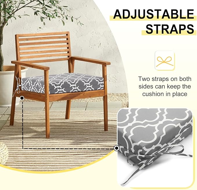 downluxe Outdoor Chair Cushions Set of 4 for Patio Furniture, Water-Resistant Square Corner Patio Chair Cushions with Ties, High Density Foam Outdoor Seat Cushion, 18.5" X 16" X 3", Grey Gourd