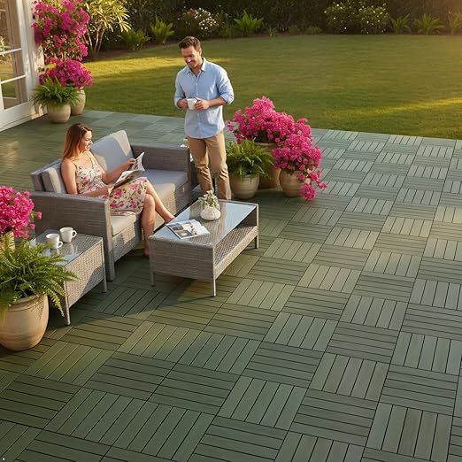 Acacia Wood Flooring Interlocking Deck Tiles for Patio Decor 9 Pcs 12 Slats VR Muted Green - Waterproof Indoor & Outdoor Decor - Balcony Garden Decking Tile (12.2 * 12.2 * 0.7 inches)
