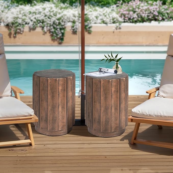 LuxenHome Weathered Copper Cement Fluted Round Indoor Outdoor Side and End Table, Set of 2