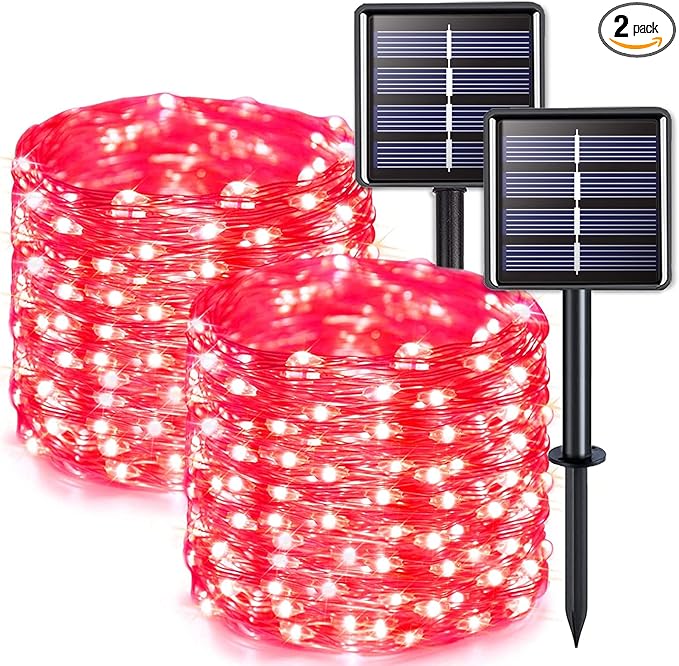 JMEXSUSS 2 Pack Red Solar Lights Outdoor Waterproof, Each 33FT 100 LED Red Christmas Lights, Solar Fairy String Light for Outside Tree Party Patio Christmas Valentines Decorations