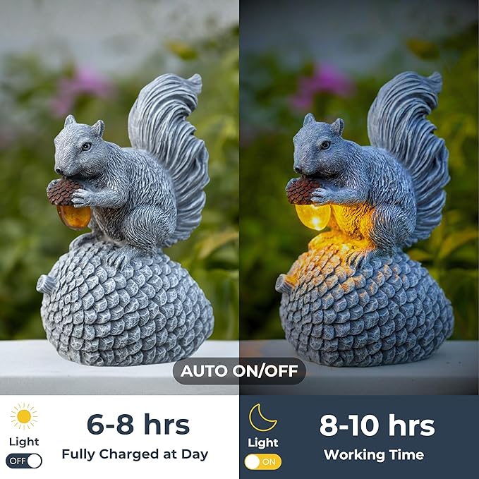 Solar Garden Statue – Hand-Painted Resin Squirrel on Pinecone with Glowing LED Acorn – Charming Yard, Patio & Balcony Decor – Gift for Mom, Grandma & Garden Lovers
