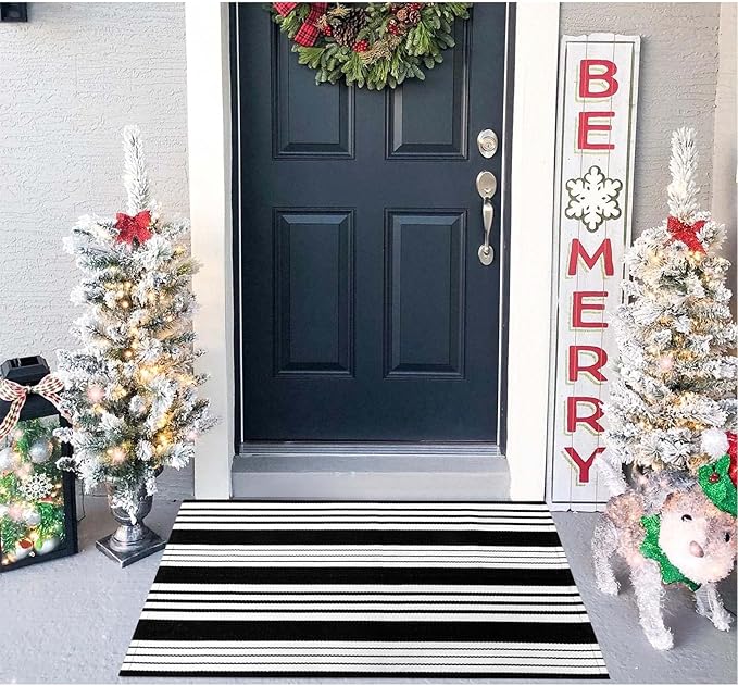 OJIA Front Door Mat 24"x35" Black and White Outdoor Rugs Front Door Rug Washable Entryway Rug Cotton Hand Woven Indoor Outdoor Doormat Small Area Rugs Layered Doormat for Porch/Home Entrance Decor