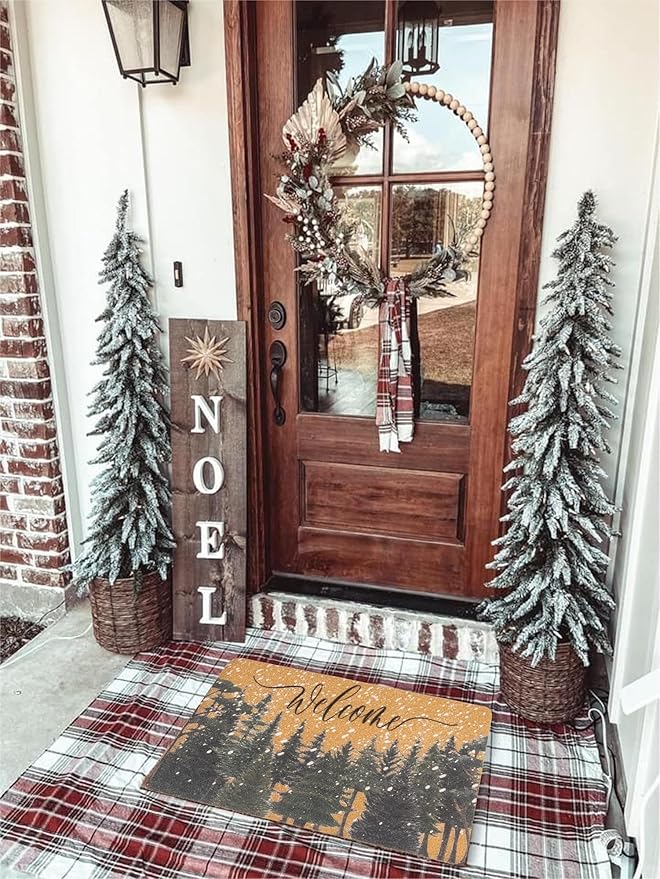 Winter Chirstmas Welcome-Doormat Outdoor-Entrance Pine-Trees Front-Door-Mat, Faux-Coir Seasonal Entryway-Rug Non-Slip Dirt-Trapping Indoor-Outside Porch Mat 17"x30" for Home Decor