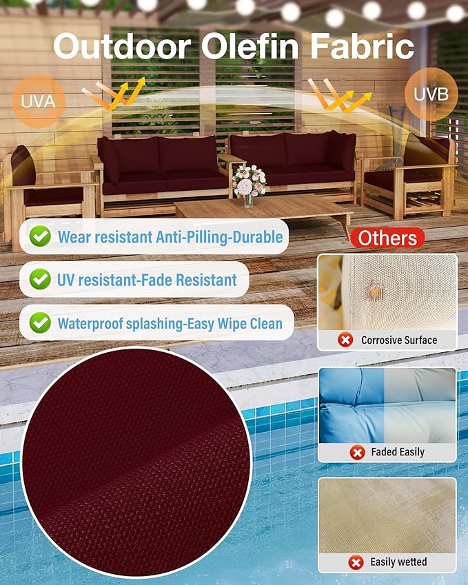 YEFU Outdoor Cushions for Patio Furniture: Replacement Cushions for Outdoor Furniture - Waterproof Couch Cushion - Fade-Resistant/Easy Clean - 14 Piece Sectional Cushion - NonSlip/Storage Bag/Burgundy