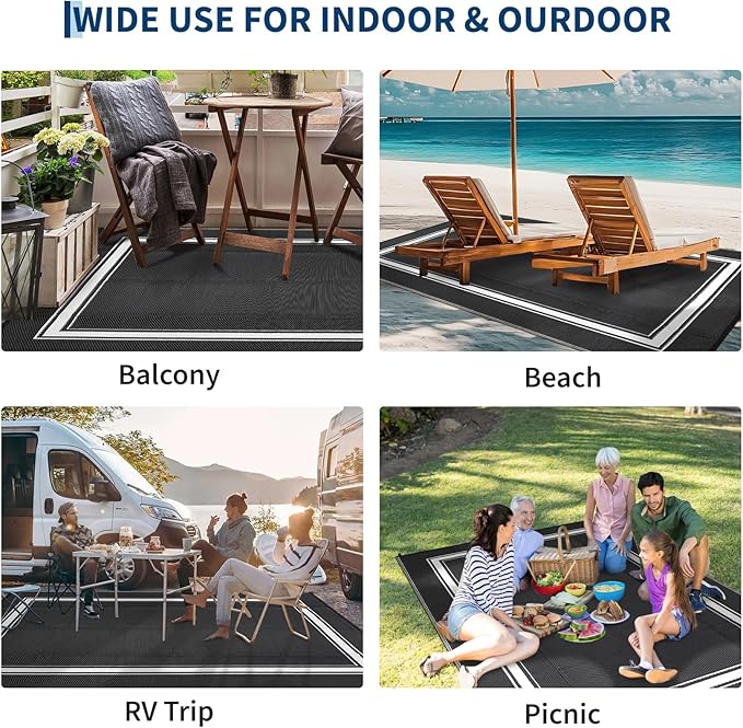 Outdoor Rug 9x18 Waterproof Reversible Mat All Weather Outdoor Plastic Straw Rus Carpet UV Resistant Modern Bordered RV Mat Carpet for Patio Deck Balcony Pool Picnic Black/White
