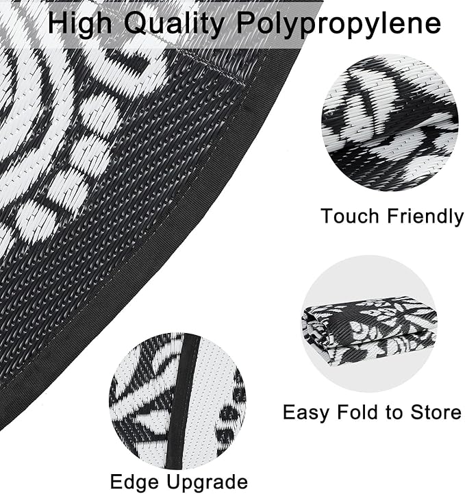 Homcomoda Round Outdoor Patio Rug 8Ft Waterproof Indoor Outdoor Area Rug Black Clearance Reversible Straw Rug for Porch Garden Deck Backyard Balcony