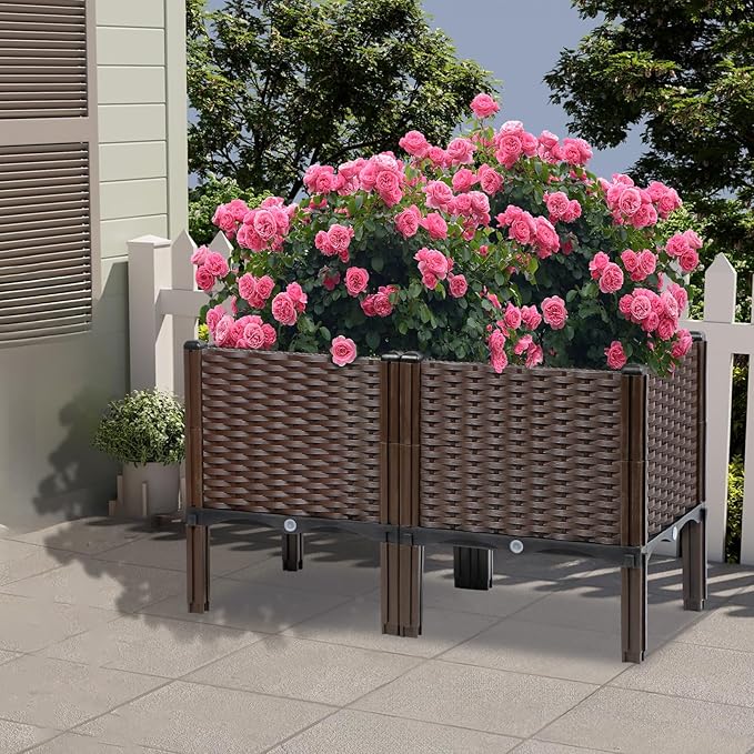 Rattan Raised Garden Bed with Legs-Rectangular Elevated Deep Planters for Outdoor Plants, Self Watering Planter Box 32"L x 16"W x 20"H, Rectangular Deep Garden Bed for Vegetables, Flowers, Herbs