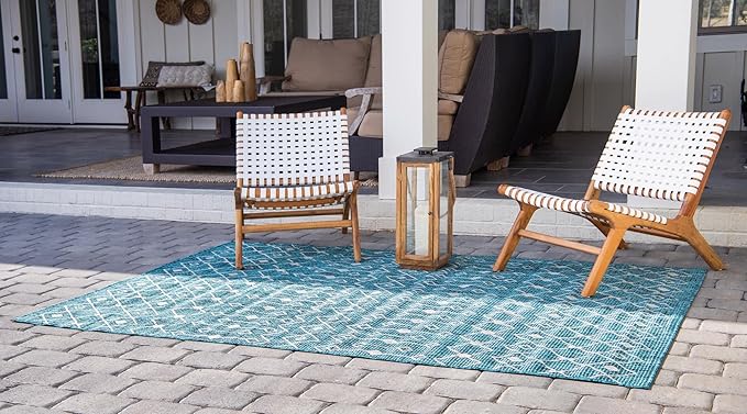 Unique Loom Outdoor Trellis Collection Area Rug - Tribal Trellis (10' x 13' 1" Rectangle, Teal/ Ivory)