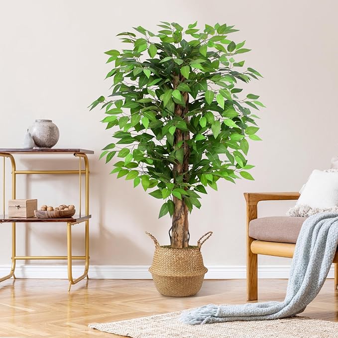 4ft Ficus Artificial Trees with Natural Curved Trunks, 48" Tall Lush Faux Tree for Home Decor Indoor, Green Lifelike Fake Ficus Tree Artificial Plants