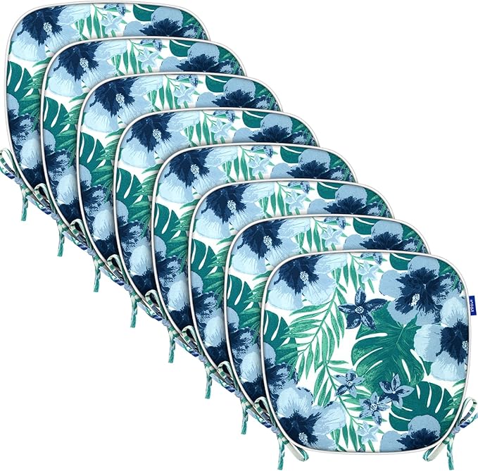 SleepMan Outdoor 17"x16" Chair Cushions with Ties Set of 8, Water Resistant All Weather U-Shape Seat Pads for Patio Garden Furniture Indoor Fade Resistant Patio Cushions (Blue Flower)