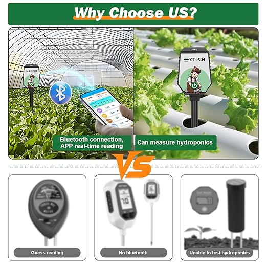 Bluetooth Soil pH EC Tester, Smart Plant pH Fertility Meter, 8 in 1 pH EC Fertility Temp Salt Moisture Light Intensity Air Humidity Monitor for Blueberry, Garden, Lawn, Raised Garden Beds