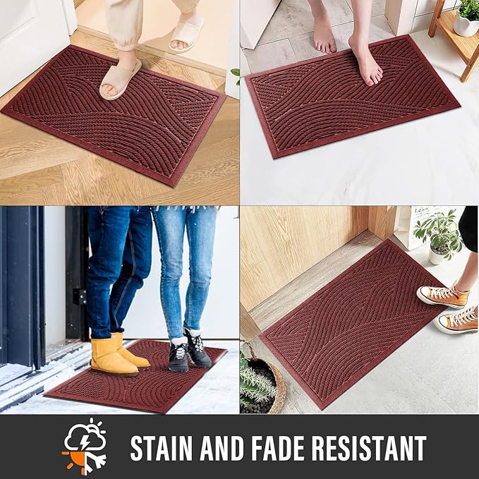 Sturdy Front Door Mat, Absorbent Muddy Dirt Resist Welcome Door Mats Outdoor Indoor, Stain and Fade Resistant, Non-Slip Backing Entry Mat Low Profile Doormat for Entryway, 36×24, Red