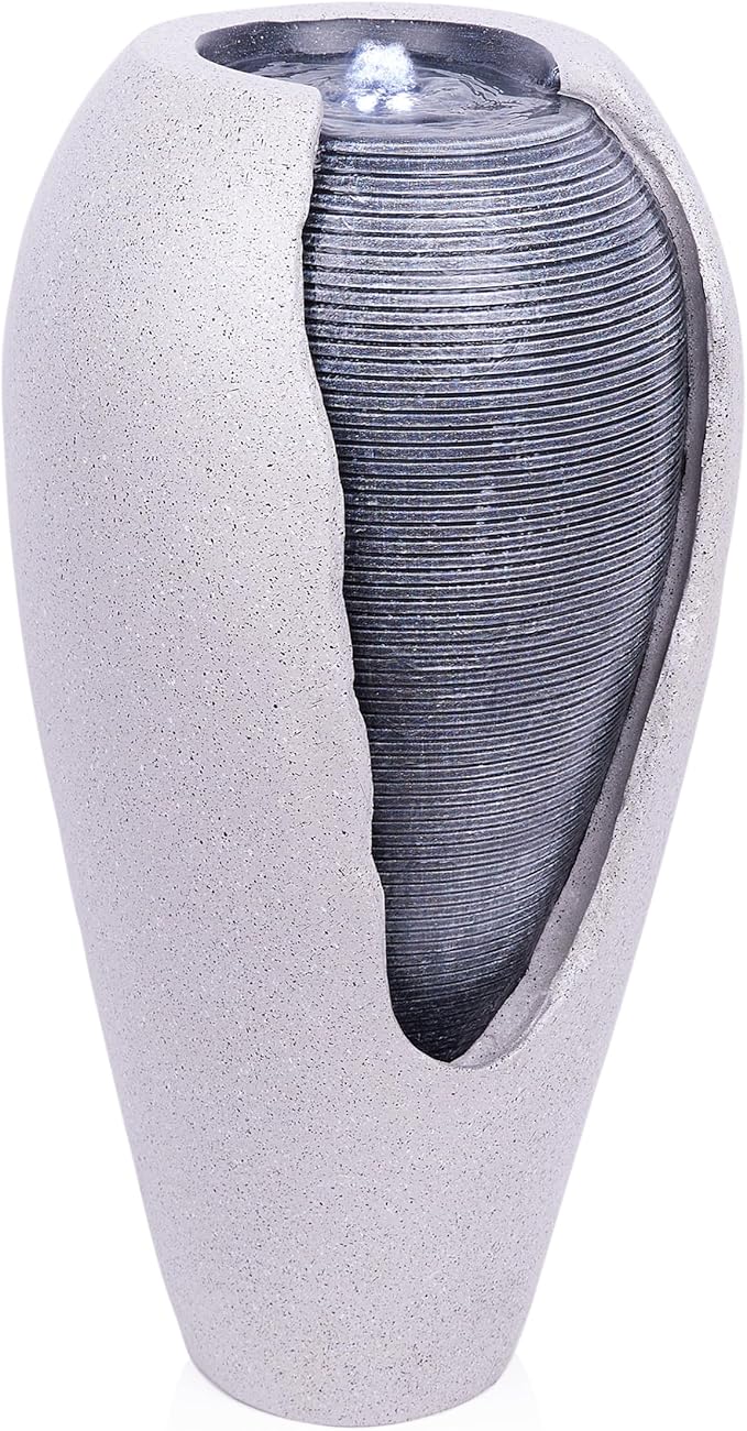 Alpine Corporation - 29" Tall Two Tone Ribbed Jar Floor Fountain with LED Lights – Elegant Indoor/Outdoor Water Feature, Easy Setup with Pump & Plug-in Design (Gray)