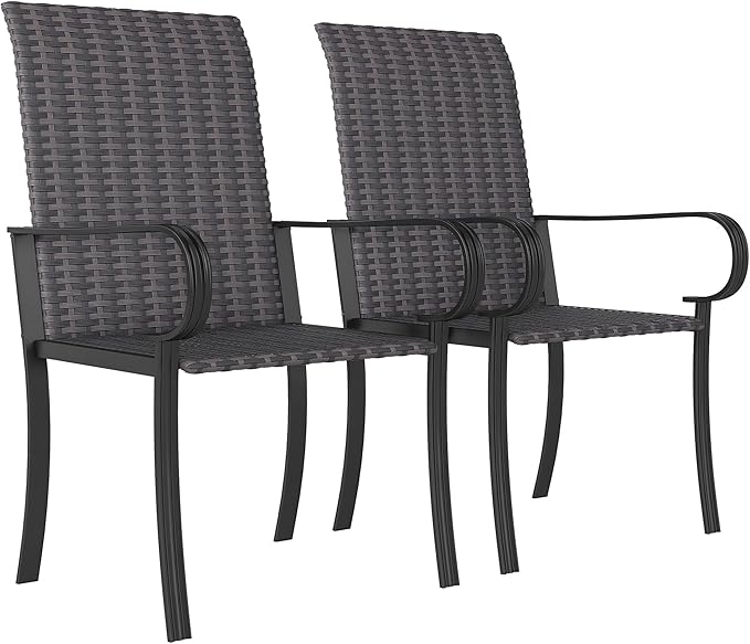 Outsunny Set of 2 Outdoor Wicker Dining Chairs, All-Weather Rattan Armchairs with Armrests, Steel Frame, High Back and Deep Seating, for Garden, Patio, Deck, Yard, Poolside, Brown