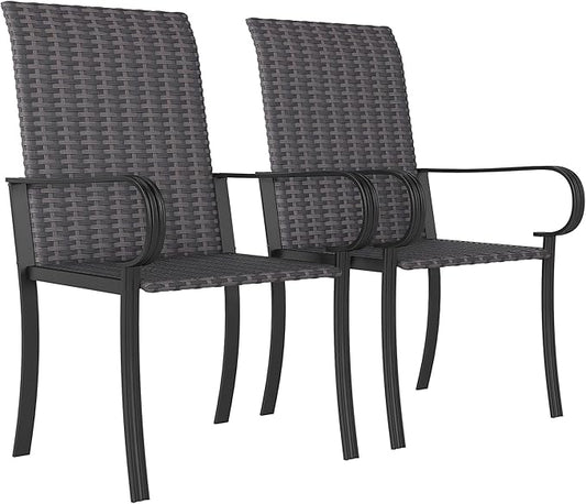 Outsunny Set of 2 Outdoor Wicker Dining Chairs, All-Weather Rattan Armchairs with Armrests, Steel Frame, High Back and Deep Seating, for Garden, Patio, Deck, Yard, Poolside, Brown