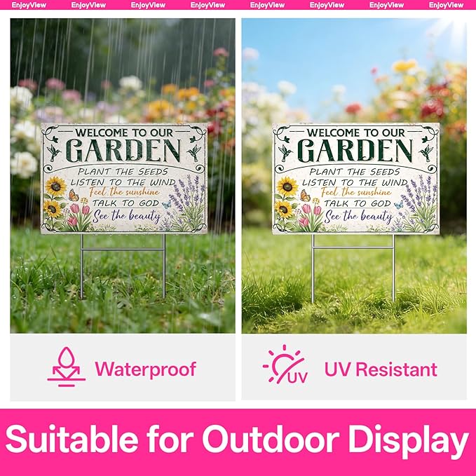 Funny Garden Sign with H Stake 18"x12" Big Vintage Sign for Outside Greenhouse Corrugated Plastic Yard Decor Gardening Gifts for Women " WELCOME TO OUR GARDEN"