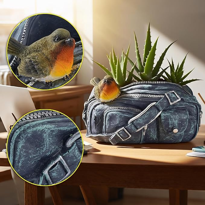 8.5"Denim Bag Bird Succulent Plant Pots,Resin Planter Flower Pots with Drainage Hole,Planting Pots for Cactus,Succulent Planters for Indoor Plants Home Garden Flower Pot Gifts for Plant Lovers
