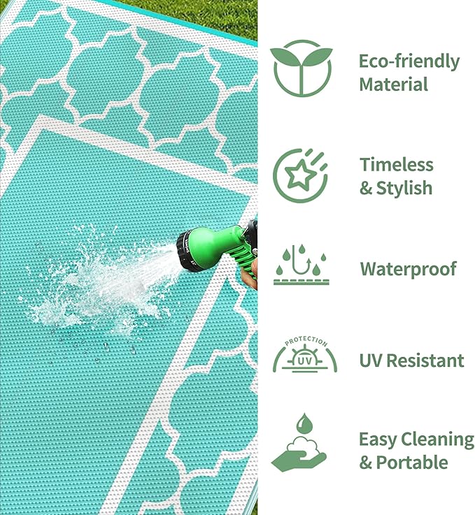 GENIMO 5 ' x 8 ' Outdoor Rug for Patio Clearance, Waterproof Indoor Outdoor Plastic Straw Rugs Carpet, Reversible Outside Area Mat for Camping, Balcony Porch, Deck, Picnic, Beach Aqua Blue & White