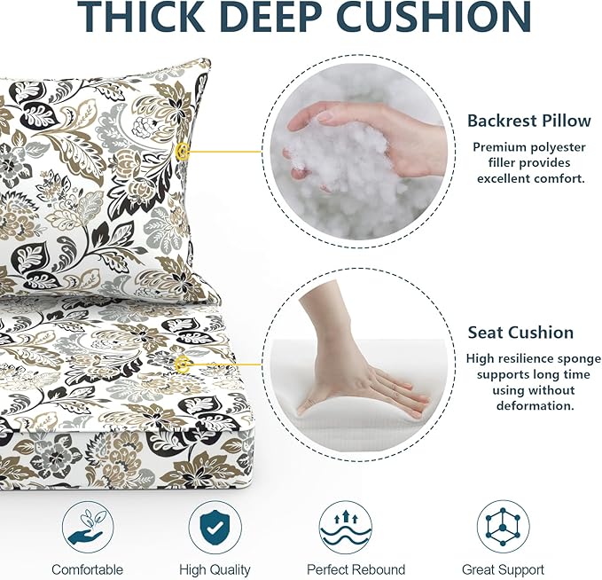 Outdoor Deep Seat Cushion Set, Water Repellent 24"x24" Patio Thick Cushions Replacement with Seat & Back Pillow for Patio Sofa, Wicker Chair, Couch - Dailey Tan