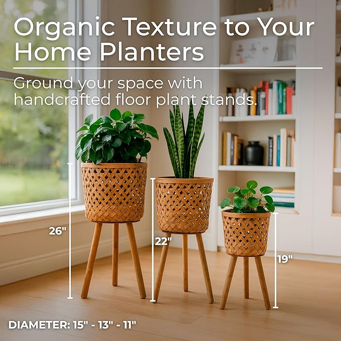 Set of 3 Woven Basket Decorative Planter Pot with Stand – Handcrafted Bamboo Pine Wood Outdoor & Indoor Plant Pot – Boho Garden & Home Decor Planters – 19", 22", & 26", Brown