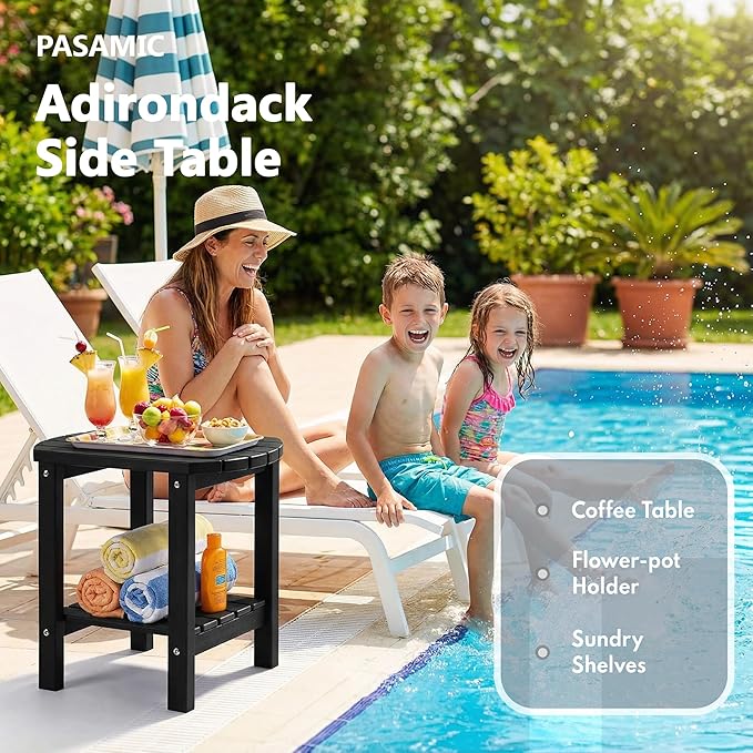 PASAMIC 2-Tier Adirondack Oval Outdoor Side Table, HDPE Small Outdoor Table, Patio End Table for Patio, Backyard, Weather-Resistant (Black)
