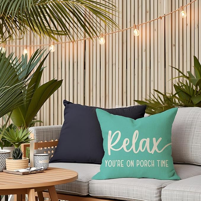 PANDICORN Farmhouse Throw Pillow Covers 18x18 Inch Relax Porch Time Turquoise Summer Beach Outdoor Decorations Pillow Decorative Throw Pillows Cases Cushion Covers for Porch Couch Sofa Decor