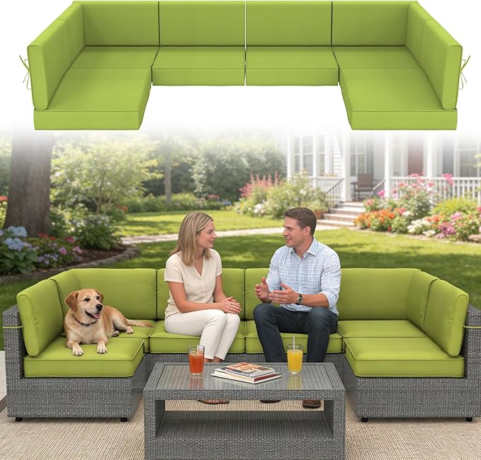 14 Pcs Outdoor Replacement Cushions for Patio Furniture, All Weather Water Resistant Cushion for 6 Seat Rattan Wicker Sectional Patio Conversation Sets and Couch (Light Green)