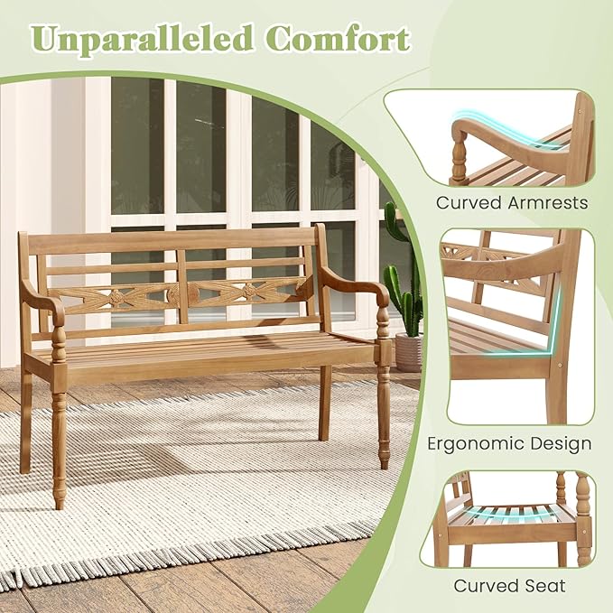 Tangkula Outdoor Bench, 2-Person Garden Bench with Wide Backrest and Curved Armrests, Teak Wood Patio Bench for Backyard, Porch and Park, 600 LBS/300 KG Weight Capacity, Natural
