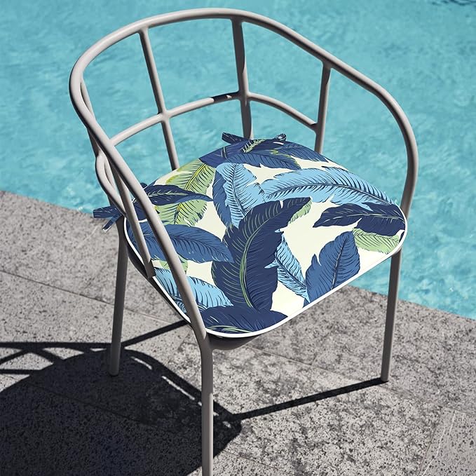 Outdoor Chair Cushions Set of 2, Water Resistant Patio Chair Pads with Ties, Seat Cushions for Home Garden Furniture Decoration, 16"x17", Swaying Palms Blue