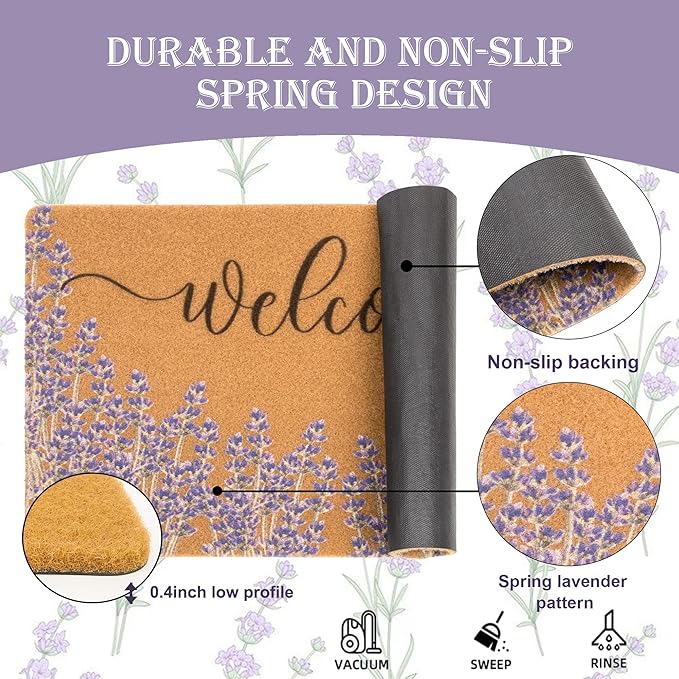 Lavender Welcome Door Mat Outside Entrance for Front Door, Indoor, Outdoor, Entryway, 17x30 Faux-Coir Spring Purple Floral Non-Slip Dirt-Trapping Thin Porch-Rug for Garden, Patio